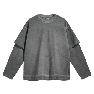 เสื้อยืดผู้ชายแขนยาวสองชั้นซักกรดเสื้อไม่มีลาย300 GSM รุ่นเฮฟวี่เวท - Product Image 1