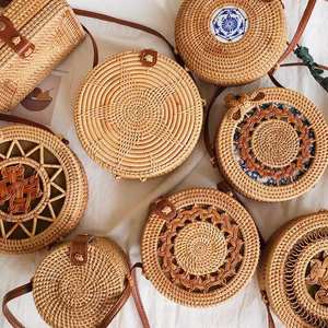 Boho Hand Weaved Round Rattan Wicker Basket <b>Bag</b> Shoulder <b>Bags</b> With <b>Straps</b> Bulk Quantity Best Sellers - Product Image 2