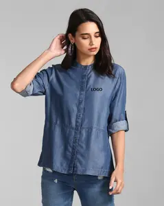 Özel % 100% pamuk soluk mavi kot uzun kollu Boxy Fit pamuk nefes Denim gömlek düğme Fly Jean gömlek Womens için