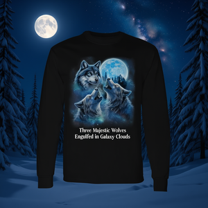 T-shirt a maniche lunghe con tre lupi maestosi avvolti nelle nuvole della galassia e luna ghiacciata - Prodotto promozionale - Product Image 3