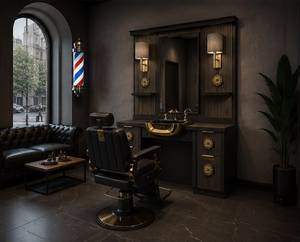 Modern Black Wood Barber Shop <b>Salon</b> Sink Cabinet with Double Octagonal <b>Mirror</b> and <b>Storage</b> Shelves Commercial Furniture - Product Image 2
