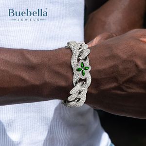 14K <b>White</b> <b>Gold</b> 20mm Emerald Four Leaf Clover Cuban <b>Bracelet</b> 925 Sterling Silver VVS Moissanite Diamond Hip Hop Style for Men - Product Image 1