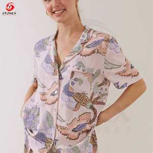 Vente en gros, ensemble pyjama 100% coton avec logo personnalisé pour femme, pyjama à col rabattu, vêtements de nuit - Product Image 3