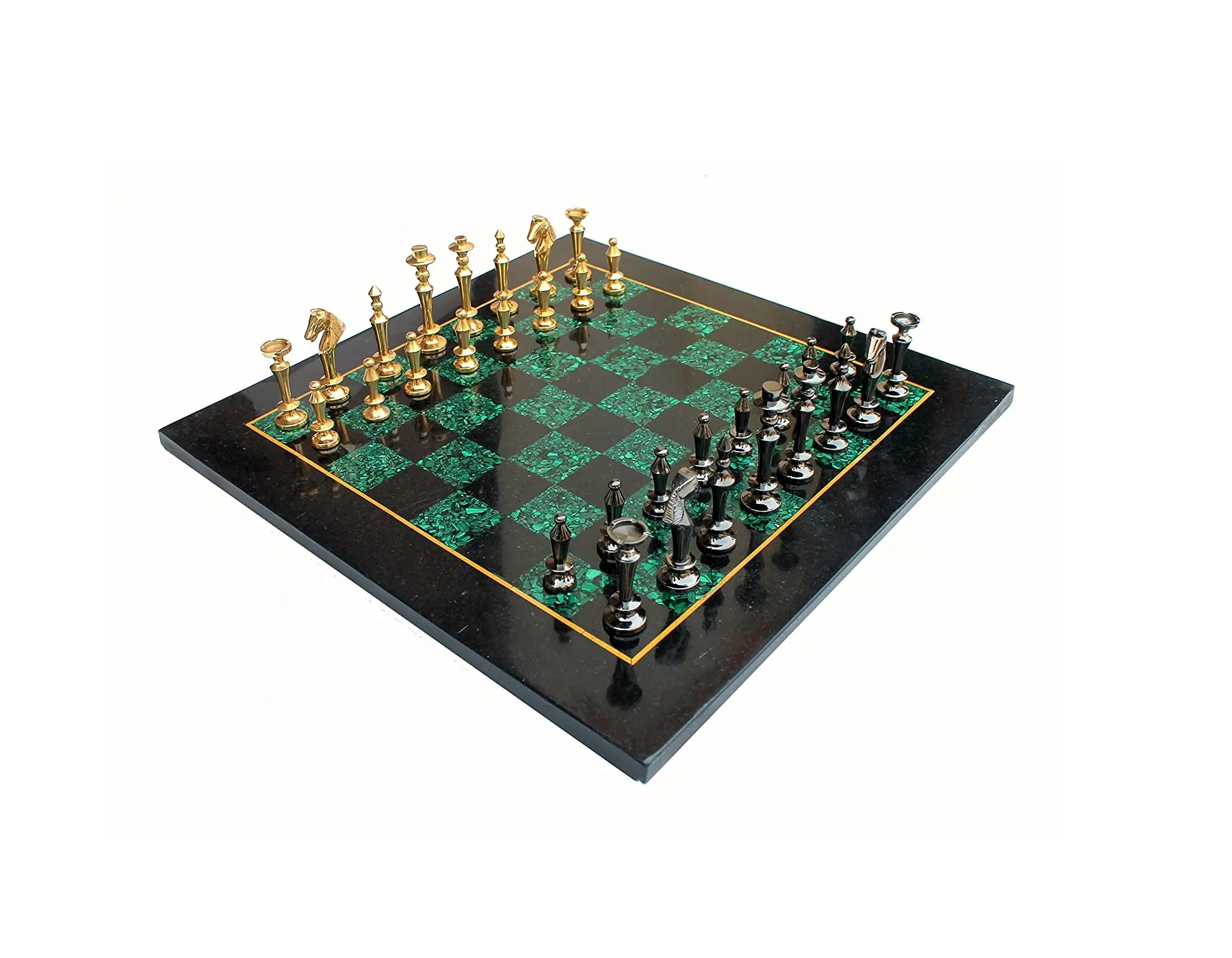 Набор шахматных игр из черного мрамора Малахит + латунные кусочки (15 дюймов X 15 дюймов)