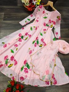 Vestido Maxi Georgette estampado de loto con bordado Dupatta - Product Image 4