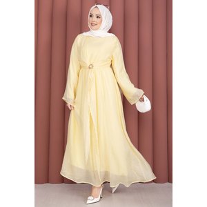 <b>Custom</b> Designed Yellow Chiffon A-Line <b>Dress</b> High Collar Gold Brooch Integrated Bolero Empire Long Floor-Length Available XS XL - Product Image 5