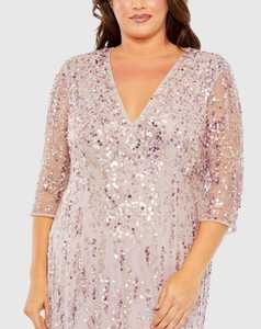 Robe de cocktail décontractée pleine longueur à col en V gaine à manches longues en tissu à mailles en poly avec perles à paillettes à motif de cristal - Product Image 3