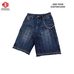 กางเกงยีนส์ปักลายหัวกะโหลกสำหรับผู้ชายกางเกงขาสั้นแนวสตรีทกางเกงขาสั้นผ้าดิบขอบสายโซ่เอวยางยืด100% ผ้าคอตตอน OEM โลโก้ตามสั่ง - Product Image 3