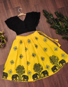 Shoryam Fashion Lehenga Choli pour enfants, jaune, avec broderie motif arbre et éléphant, volants noirs, tenue ethnique de soirée longue pour filles - Product Image 3