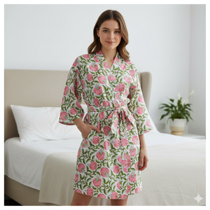 ชุดคลุมหรูหราสไตล์ชัยปุระ ลายดอกไม้ ผ้าทอเนื้อนุ่ม ระบายอากาศได้ดี อุ่นสบาย ขนาดฟรีไซส์ แขนครึ่งตัว มีเชือกผูก เหมาะสำหรับใส่ที่บ้านหรือชุดนอน-ODM - Product Image 1