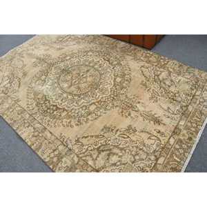 5.7x8.8 ft Turkish Rug, Vintage Large Rug, <b>Brown</b> Blue Bordered <b>Wool</b> Rug - Product Image 4