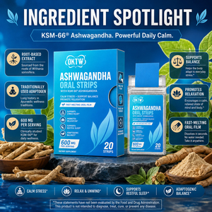 Tiras Orales de Ashwagandha de Absorción Rápida OKTW KSM-66, Alivio del Estrés, Relajación, Apoyo para Dormir, 600 mg, 20 Tiras - Product Image 6