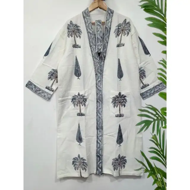 Grosir jubah mandi katun indah blok tangan dicetak untuk pakaian pantai dalam ruangan motif bunga katun Kimono jubah mandi lengan panjang