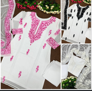 Costume Salwar rose blanc de haute qualité pour femmes travail cousu en chaîne avec tissu en soie Faux Georgette pour les fêtes - Product Image 4