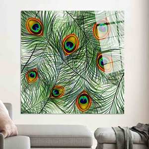 Toile imprimée : élégante décoration murale en forme de plume de paon, décoration bohème verte, art sur verre trempé - Product Image 1