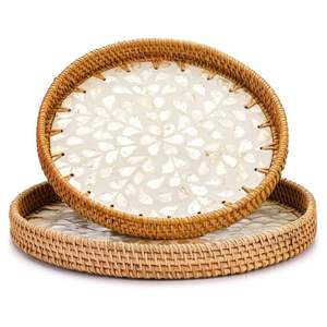 Bandeja de ratán decorativa nórdica sostenible, bandeja de servicio de madreperla de forma ovalada redonda para organización de almacenamiento en el hogar - Product Image 5