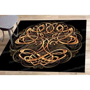 Tapis imprimé Arbre de Vie, carré, doré, décoration moderne pour la maison, tapis doux non tissé - Product Image 1