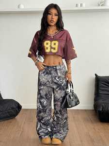 Camiseta recortada de fútbol americano para mujer, camiseta de malla con cuello en V, camiseta de manga corta de gran tamaño amarilla Burdeos de Hip Hop, camiseta de fútbol - Product Image 5