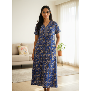 Vestido de Dormir 100% Algodón con Estampado Jaal Hecho a Mano, Camisón Suave Tejido con Diseño Floral y Botones, ODM 3XL para Damas de Honor - Product Image 1