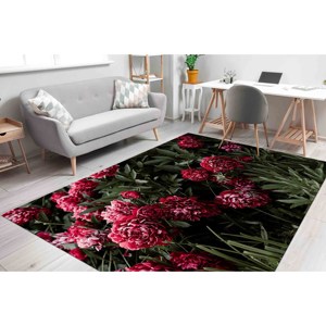 Tapis à motif floral de pivoine : Tapis botanique vintage, tapis d'appoint antidérapant, tapis doux non tissé - Product Image 4