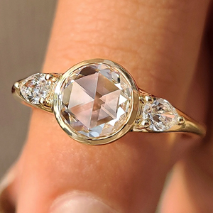 Vintage Oval Rose Cut Diamond Engagement <b>Ring</b> 14K Yellow <b>Gold</b> Bezel <b>Set</b> Three Stone Pear Side Diamond <b>Ring</b> for Women - Product Image 1