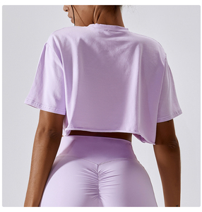 Haute qualité couleur unie haut court t-shirt été à manches courtes basique col rond manches courtes hauts courts t-shirts coton polyester - Product Image 6