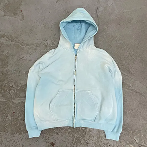 Streetwear à capuche personnalisé pour hommes sans ficelle polaire vierge Boxy Zip Vintage Double lavage à l'acide soleil délavé imprimé tricoté décontracté hiver - Product Image 3