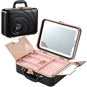 Portable <b>Makeup</b> Train <b>Case</b> with LED Mirror 3 Color Adjustable Lights Professional Cosmetic Organizer Box with Removable Tray - Product Image 1