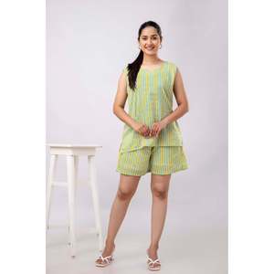 Pijama a Rayas Amarillo y Verde Mar para Mujer, con Cintura Elástica, Logotipo Personalizado, Tela Suave Tejida, para Uso en Casa y Nupcial - Product Image 1