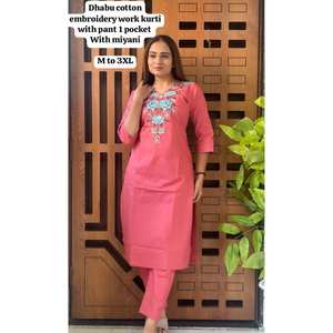 Costumes en coton dhabu pour femmes indiennes et pakistanaises, avec broderie traditionnelle, prêts à porter, ensemble kurta indien pakistanais - Product Image 1