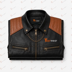 Tiierwear <b>Men's</b> <b>Black</b> Leather Look Moto <b>Vest</b> With Brown Accents Zipper Front Pockets Chains Turn-down Collar Autumn Winter Outer - Product Image 6