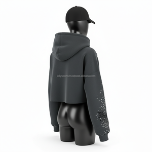 320 GSM <b>Women</b> Crop Hoodie Charcoal <b>Grey</b> <b>Fleece</b> with Hand Set Rhinestone Custom Logo and Stylish Embellished Sleeve Panels - Product Image 5