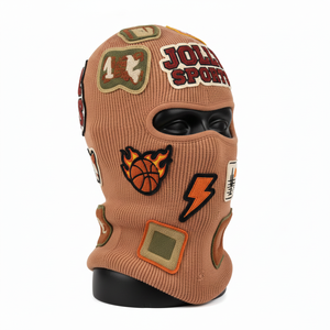 Balaclava en tricot d'hiver pour femmes, doux, extensible, en acrylique et coton, 240 GSM, appliqué marron, logo brodé personnalisé - Product Image 4