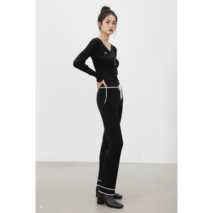 Salopette décontractée à jambes larges en tricot côtelé tendance avec cordon de serrage et détails contrastés en gros pour femmes à taille haute - Product Image 1