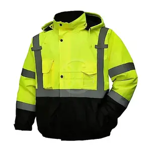 Jaket berkerudung gaya unik reflektif visibilitas tinggi jaket Bomber hi-vis dengan saku dan ritsleting