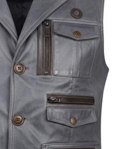 New Design Men Multi Pocket Genuine Leather Utility <b>Vest</b> Sleeveless Button Front <b>Tactical</b> Style Waistcoat for Outdoor - Product Image 2