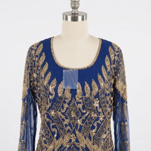 Robe de soirée longue en satin bleu royal moderne, brodée d'or, respirante, à manches longues, robe de soirée de luxe - Product Image 3