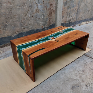 Table basse en résine époxy Woodensure ECT-004, élégante, double face, design vagues de la rivière perle turquoise, fabrication artisanale en bois et résine, salon - Product Image 4