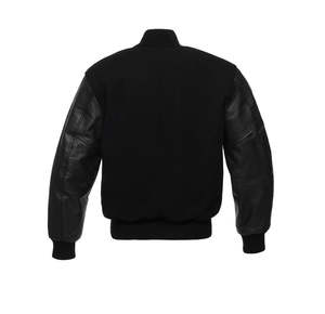 Black Varsity <b>Jacket</b> with <b>Faux</b> <b>Leather</b> Sleeves Stand Collar <b>Mens</b> Unisex Baseball Style Button Rib Trim Custom Logo Option Winter - Product Image 3