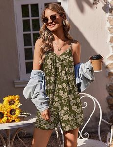 Women Floral Printed Spaghetti Strap <b>Jumpsuit</b> V-Neck Loose Fit Above Knee Casual Spring Summer Breathable Chiffon Shorts Outfit - Product Image 3