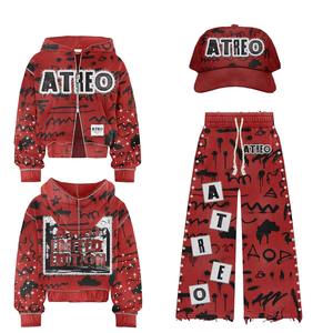 Nouveau survêtement streetwear personnalisé imprimé, coupe ample légère, avec broderie délavée et appliques, effet délavé soleil et délavage acide, cordon de serrage - Product Image 6