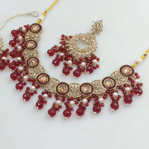 Indian Stylish Round Motipearl & Stone Traditional and Fashionable <b>Gold</b> Plated With Earring and Maagtika Necklace <b>Set</b> for Women - Product Image 1