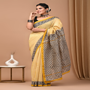 Sur mesure géométrique conçu bordure jaune imprimé traditionnel main bloc Chanderi soie mariage saris Anti pilule poids moyen - Product Image 1