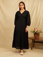 Robe longue décontractée noire unie en organza à col en V pour femme, nouvelle collection, haute qualité, personnalisable, lavable, printemps-été-automne