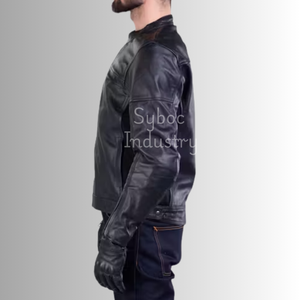 Chaqueta de moto de cuero auténtico negro para hombre con cierre de cremallera, chaqueta de moto de cuero con protección corporal certificada CE para motorista - Product Image 5