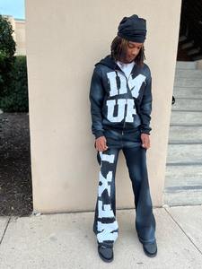 Fabricación de conjuntos de Sudadera con capucha y pantalones de chándal de algodón de peso pesado lavado con ácido parches bordados chándales con cremallera - Product Image 5