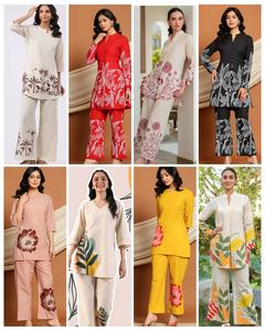 ชุดเสื้อผ้าสองชิ้นลำลองพิมพ์ลายดอกไม้สำหรับผู้หญิงกางเกงผ้าแคนวาสเนื้อนุ่มสวมใส่ในวันหยุดสไตล์ตะวันตก-ขายส่งอินเดีย - Product Image 1