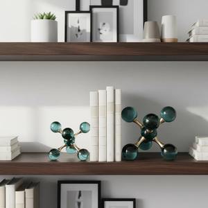 Luxury Teal <b>Glass</b> <b>Sphere</b> Aluminum Handcrafted Modern Molecular Starburst Accent Bookends Set Home Decor - Product Image 6