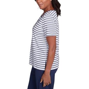 Camisetas a rayas de cuello redondo de algodón 100% para mujer, camisetas bordadas transpirables informales de verano con logotipo personalizado para exteriores, camisetas teñidas lisas - Product Image 4