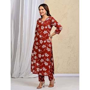 Maroon <b>Block</b> <b>Printed</b> Anarkali Kurta Pant Set Mulmul Dupatta Indian Ethnic Style Cotton Clothing for Party Wear Made Net Fabric - Product Image 5
